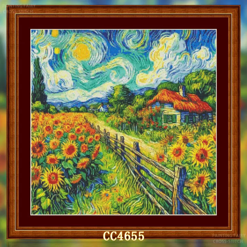 [[CC4656-Van Gogh Series Sunfl - Cross Stitch Stamped Kits Beginners ulasan dan harga